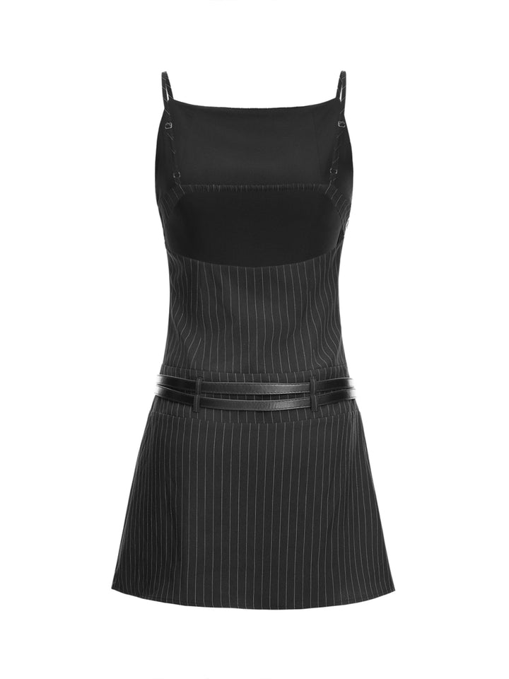 Preppy Striped Backless Belted Pocket Square Neck Mini Women Dress -