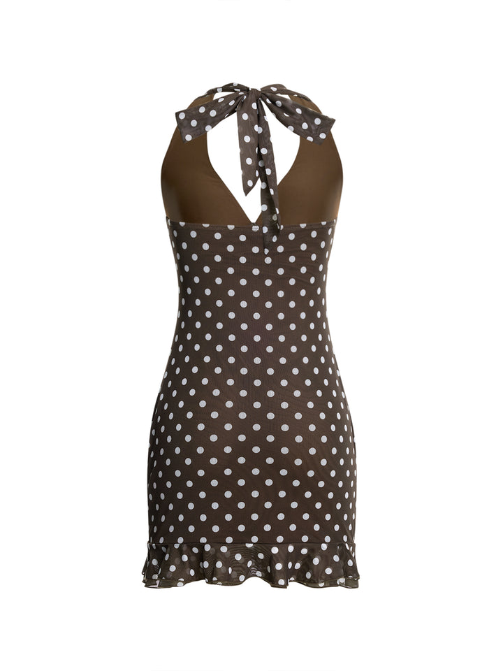 Mesh Elegant Polka Dot Backless Bow Ruffle Tied A Line Mini Dress