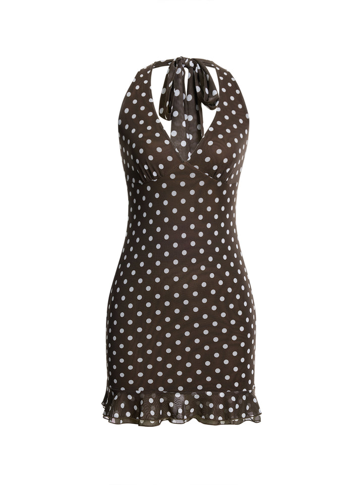 Mesh Elegant Polka Dot Backless Bow Ruffle Tied A Line Mini Dress