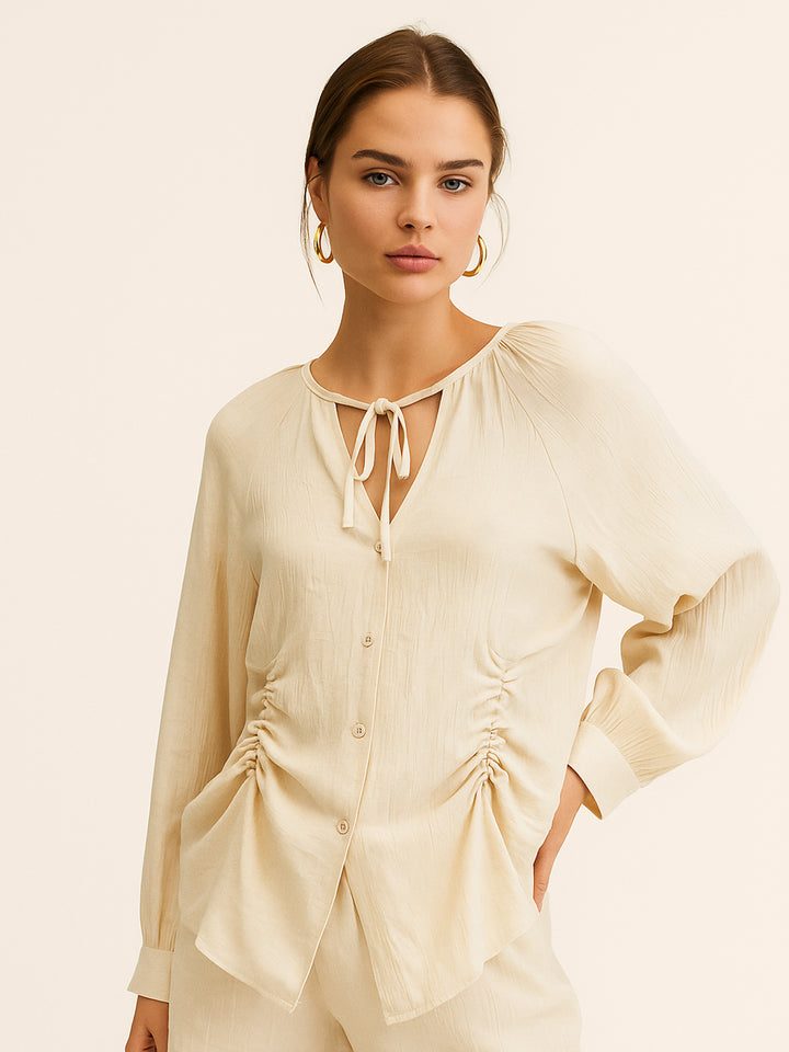 Boho Drawstring V neck Raglan Sleeve Women Blouses