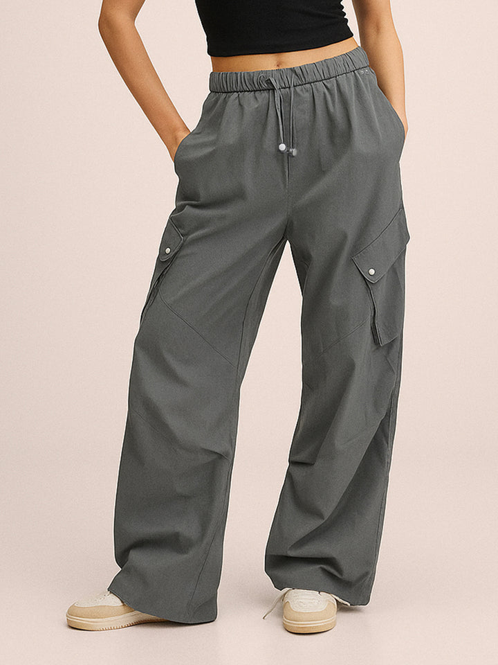 Casual Plain Drawstring Waist Cargo Pocket Women Parachute Pants