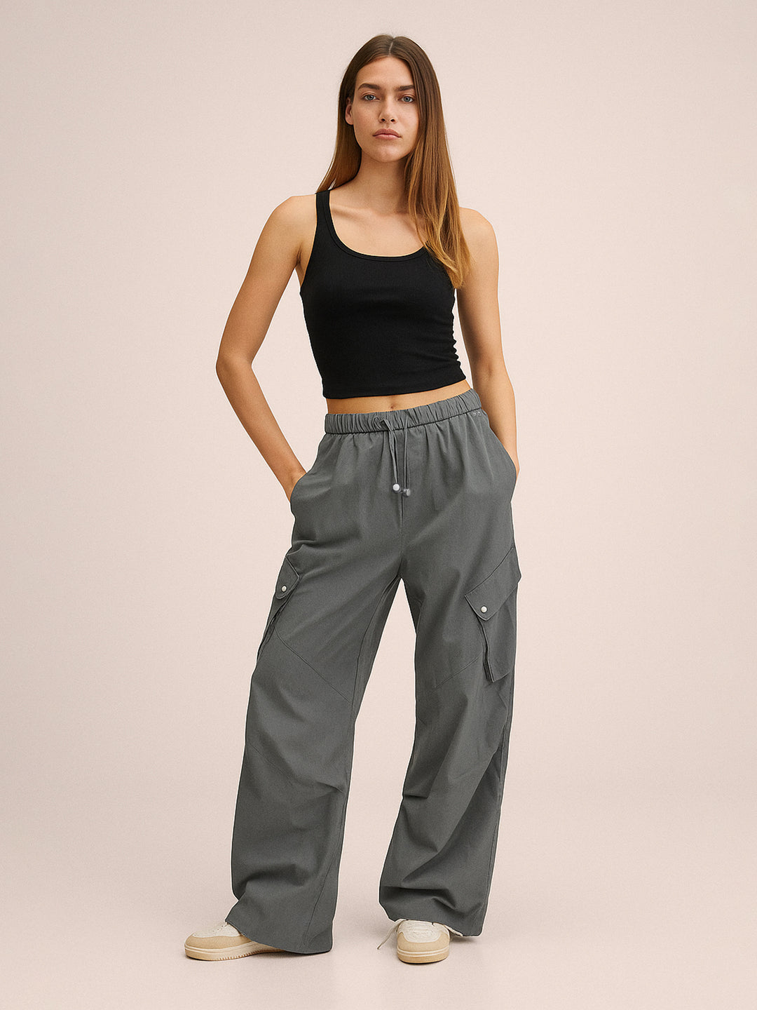 Casual Plain Drawstring Waist Cargo Pocket Women Parachute Pants